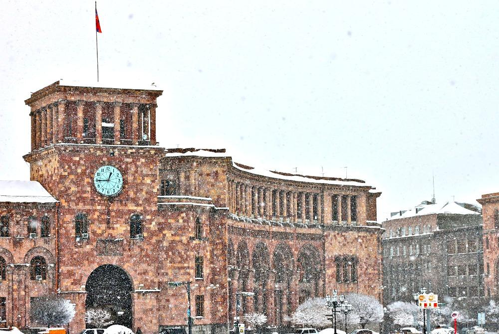 republic square snow yerevan, armenia