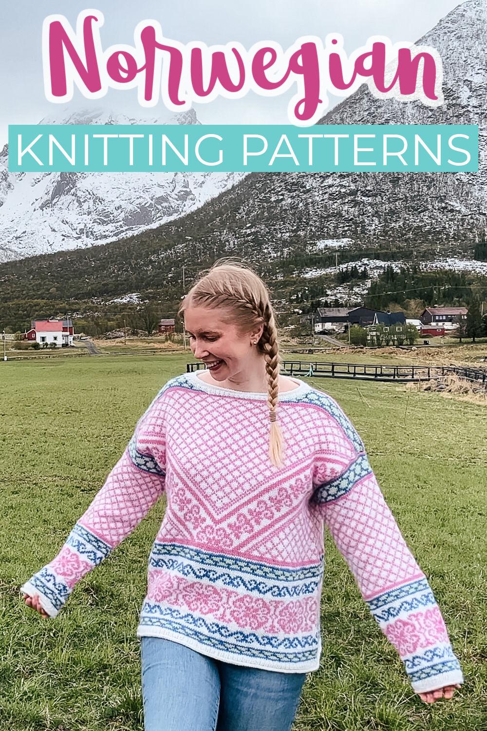 woman wearing a hand knit Norwegian sweater - knitting pattern included in blog post