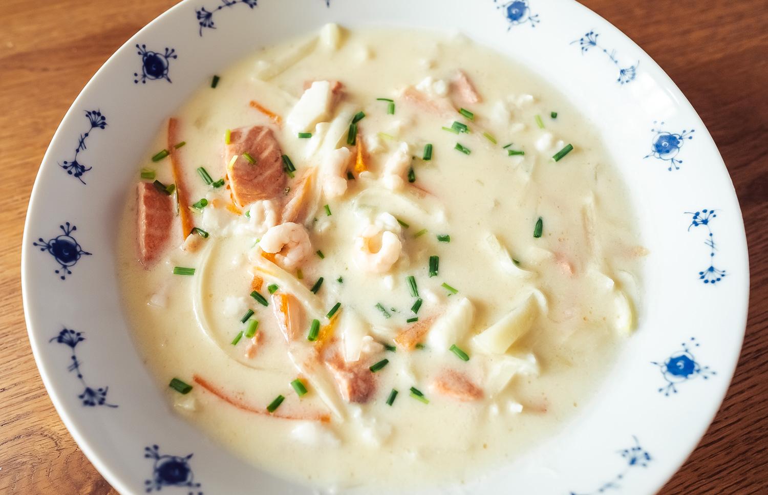 Norwegian fiskesuppe (creamy fish soup) in a bowl